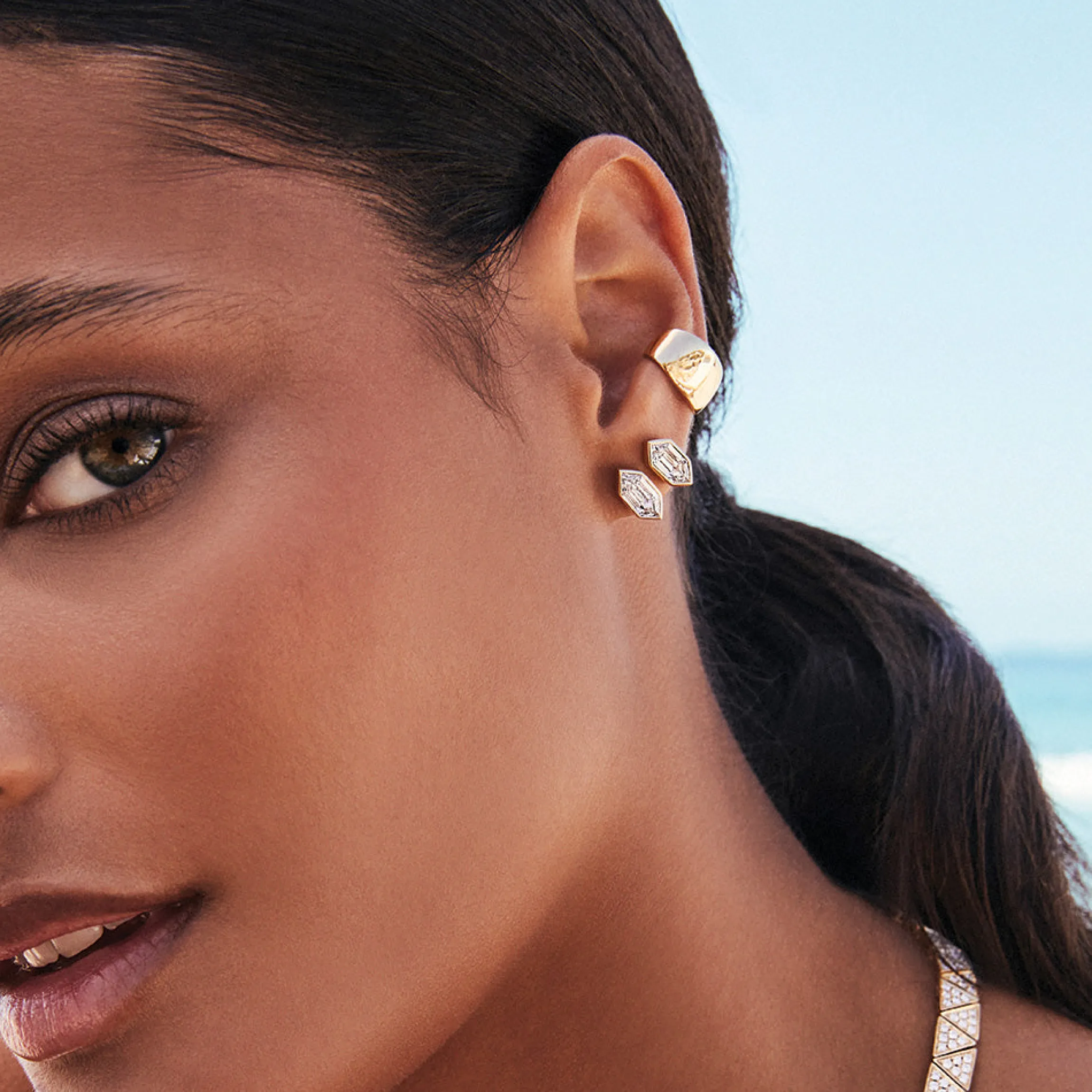 Cheap ELONGATED HEXAGON CUT BEZELED DIAMOND STUDS One Of A Kind