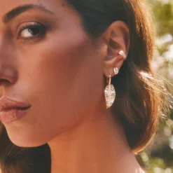 Fashion LARGE PALM LEAF DROP EARRINGS WITH PAVE DIAMOND STEM Leaf