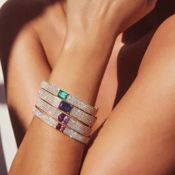 Shop PAVE DIAMOND OVAL BRACELET WITH EMERALD CUT EMERALD CENTER One Of A Kind