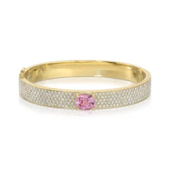New PAVE DIAMOND OVAL BRACELET WITH PINK SAPPHIRE CUSHION CENTER One Of A Kind|Bangles