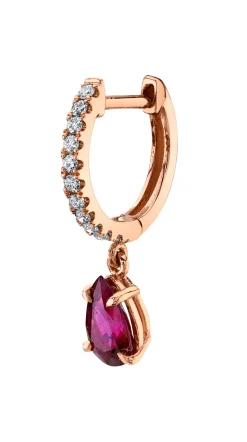 Hot SINGLE DIAMOND HUGGIE WITH PEAR-SHAPED RUBY DROP Huggies