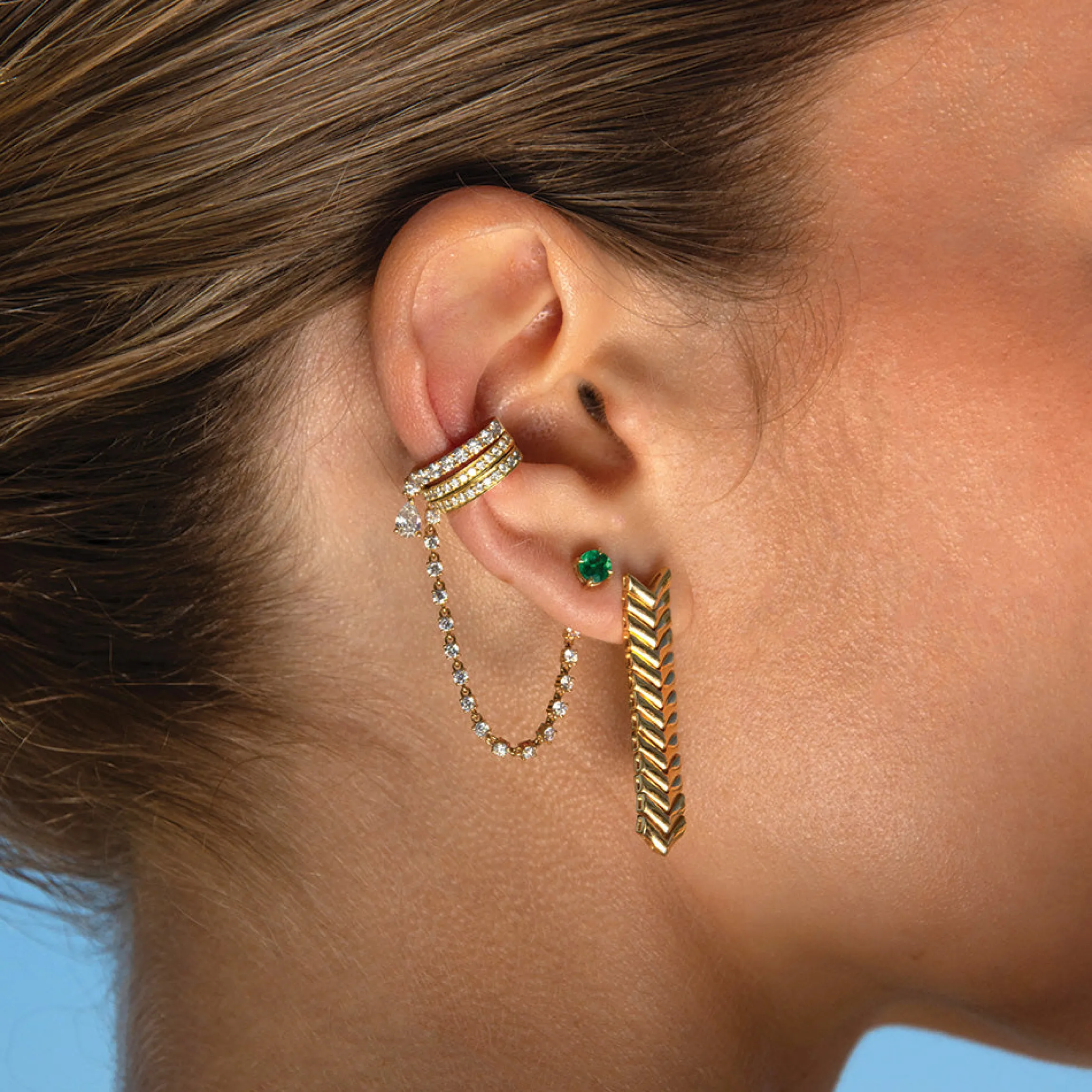 Store SINGLE ROW DIAMOND EAR CUFF WITH ROPE DIAMOND CHAIN Ear Cuffs