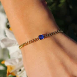 Fashion SMALL CUBAN LINK BRACELET WITH BLUE SAPPHIRE CUSHION CENTER One Of A Kind