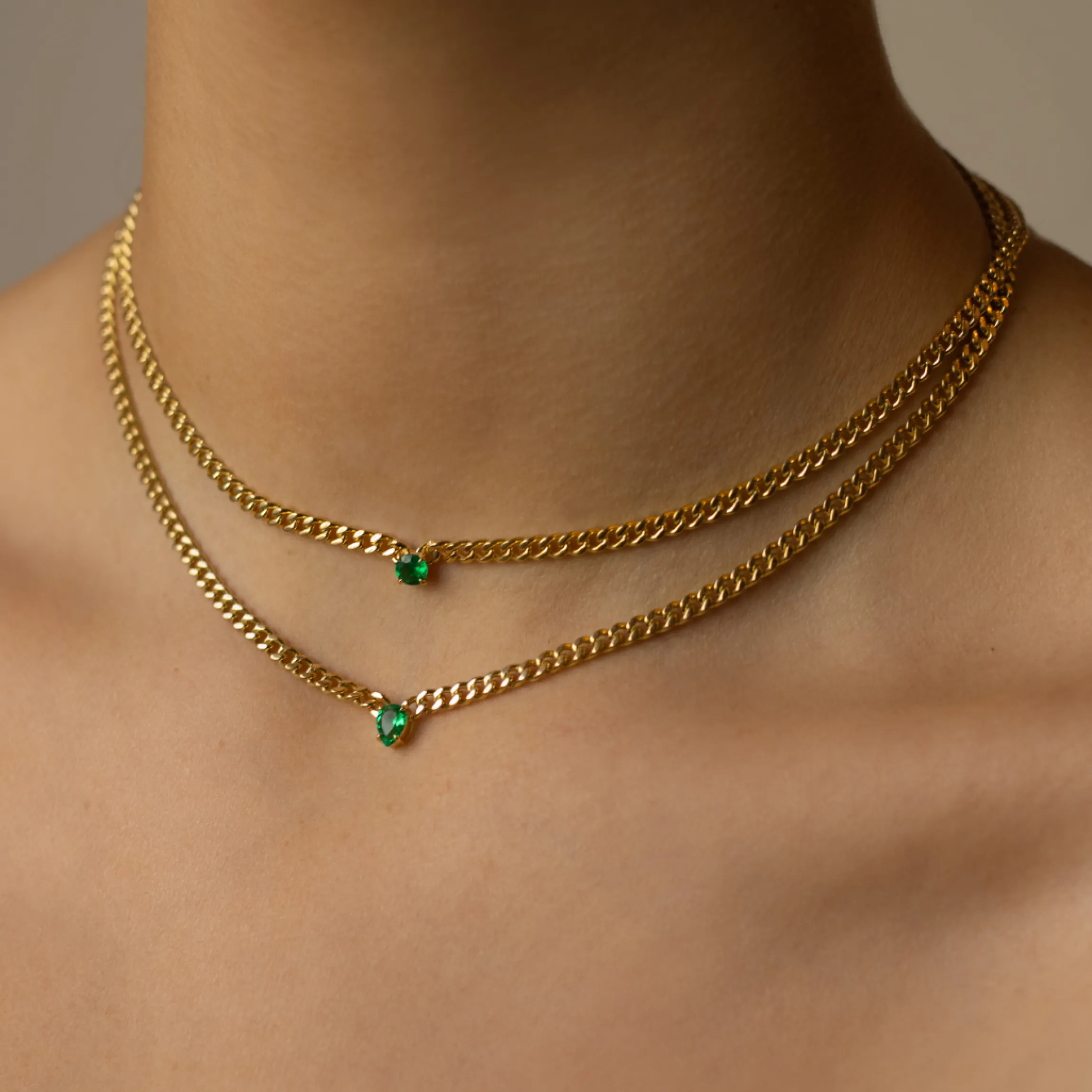 Store SMALL CUBAN LINK NECKLACE WITH PEAR SHAPED EMERALD CENTER STONE One Of A Kind